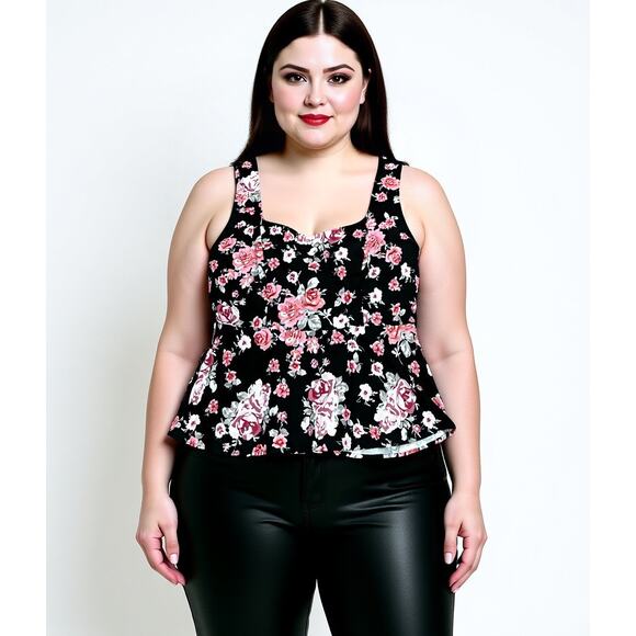 Torrid Black Pink Floral Print Sweetheart Neck Babydoll Cami Going Out Top 2XL - Picture 1 of 8
